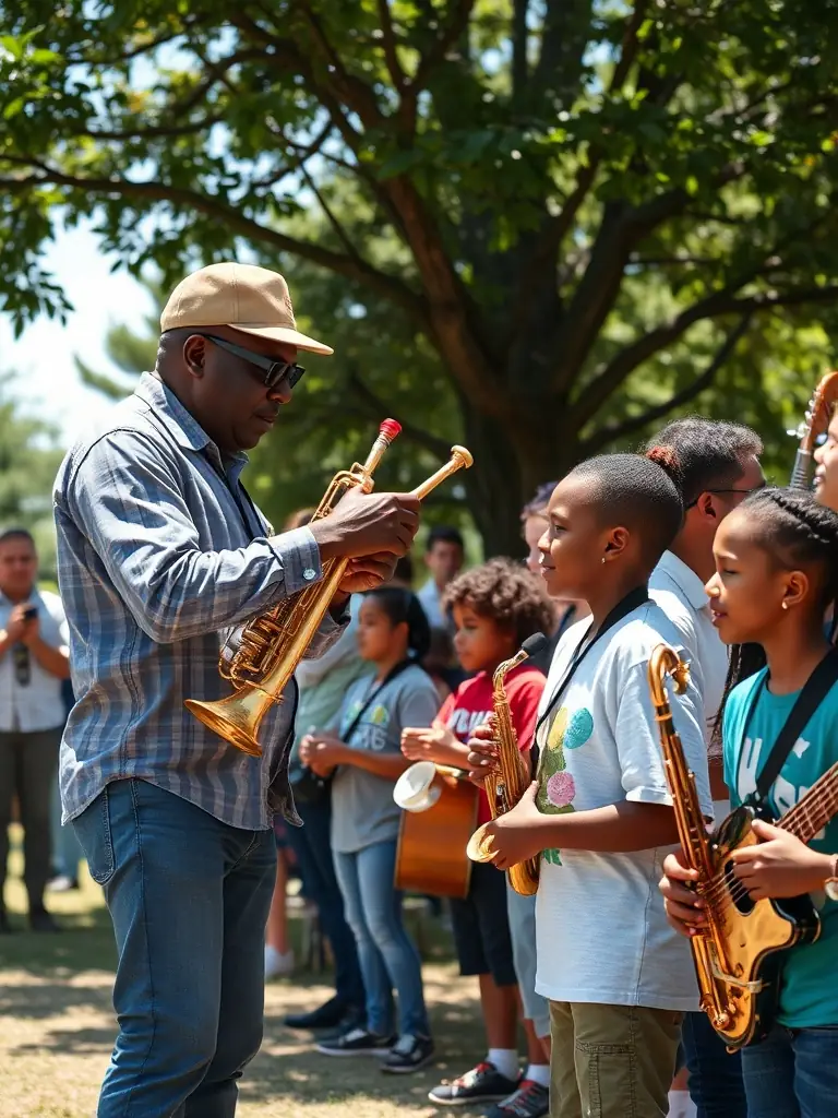 A scene from a community outreach program where BERRY GOSPEL is providing musical instruments and lessons to underprivileged youth in a local neighborhood.