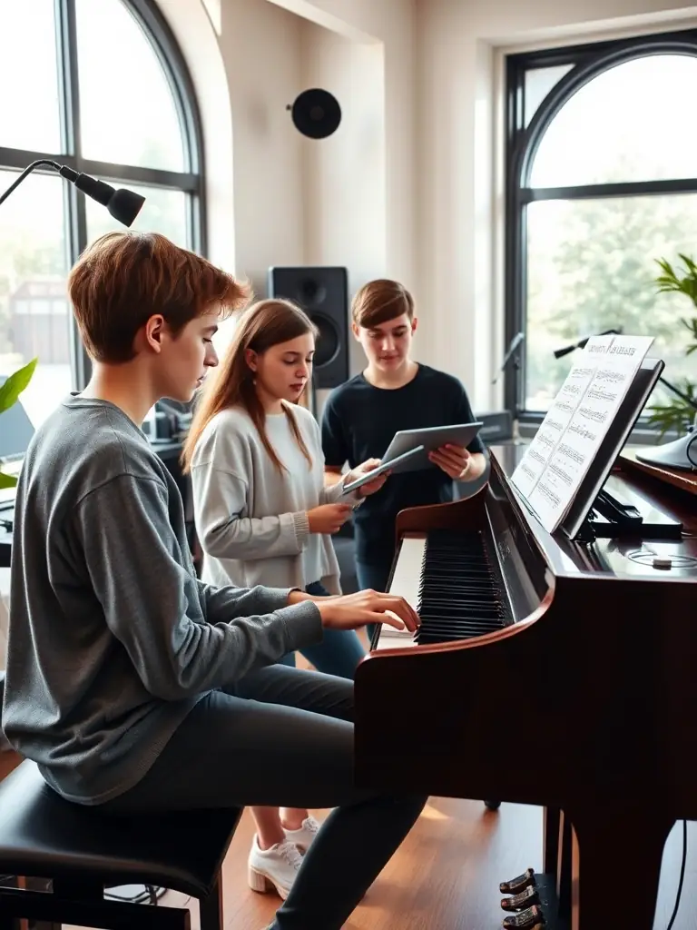 A group of teenagers participating in a songwriting workshop focused on gospel themes. They are collaborating on lyrics and melodies, guided by a professional songwriter.