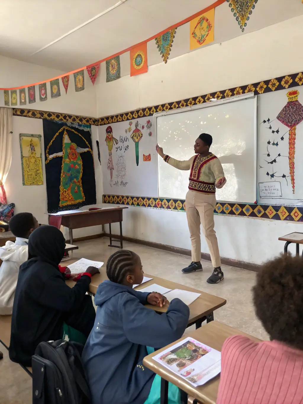 A classroom setting where a teacher is explaining the history of gospel music to students, using visual aids and historical documents. Students are taking notes and asking questions.