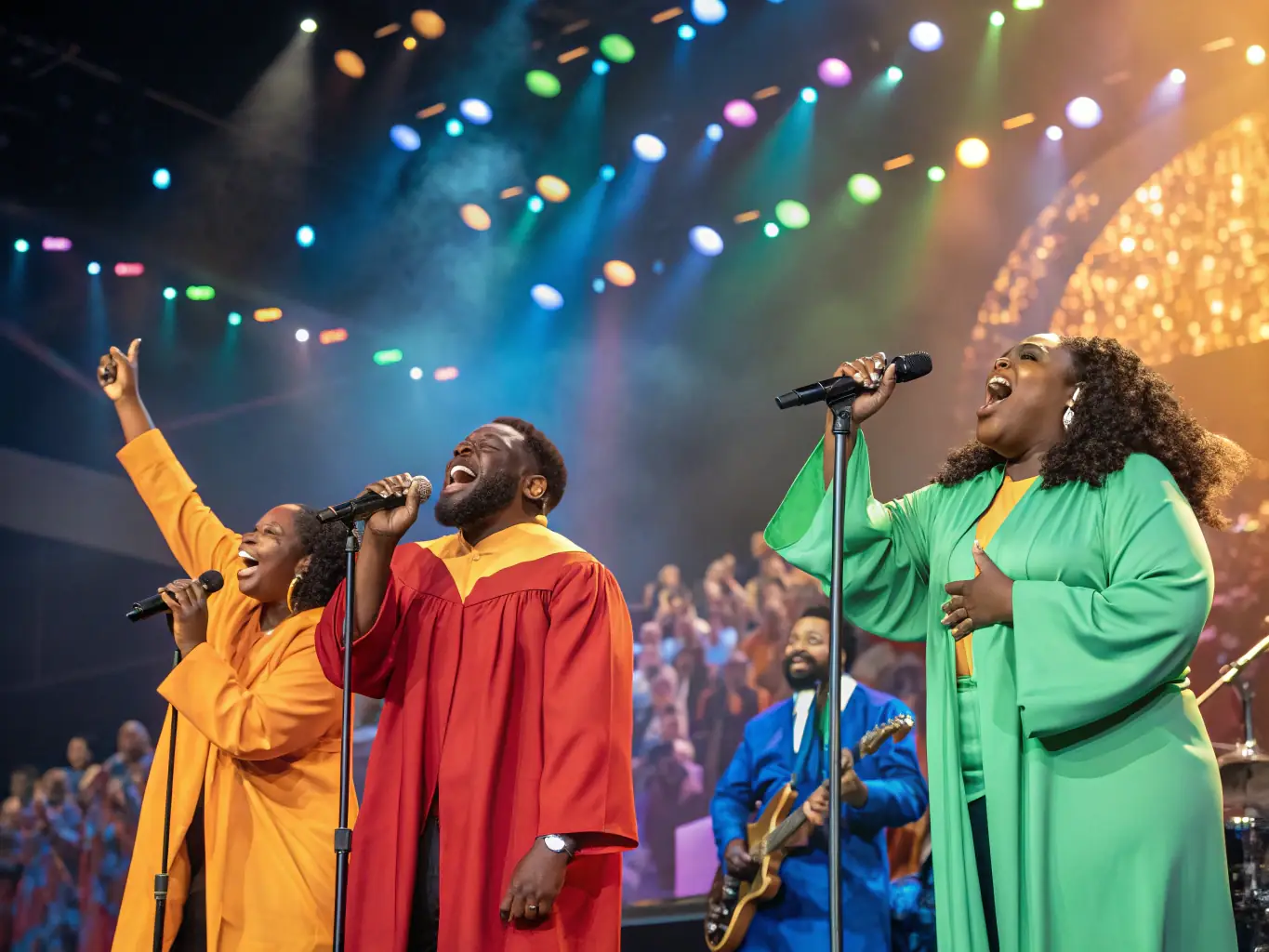 A vibrant scene from a BERRY GOSPEL BERRY GOSPEL cultural festival, featuring diverse performers on stage and an engaged audience enjoying the music.