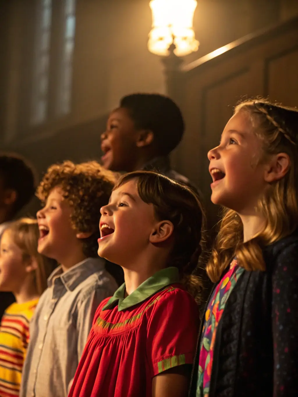 A diverse group of children participating in a BERRY GOSPEL educational program, singing gospel songs together, emphasizing the organization's commitment to youth engagement and musical education.