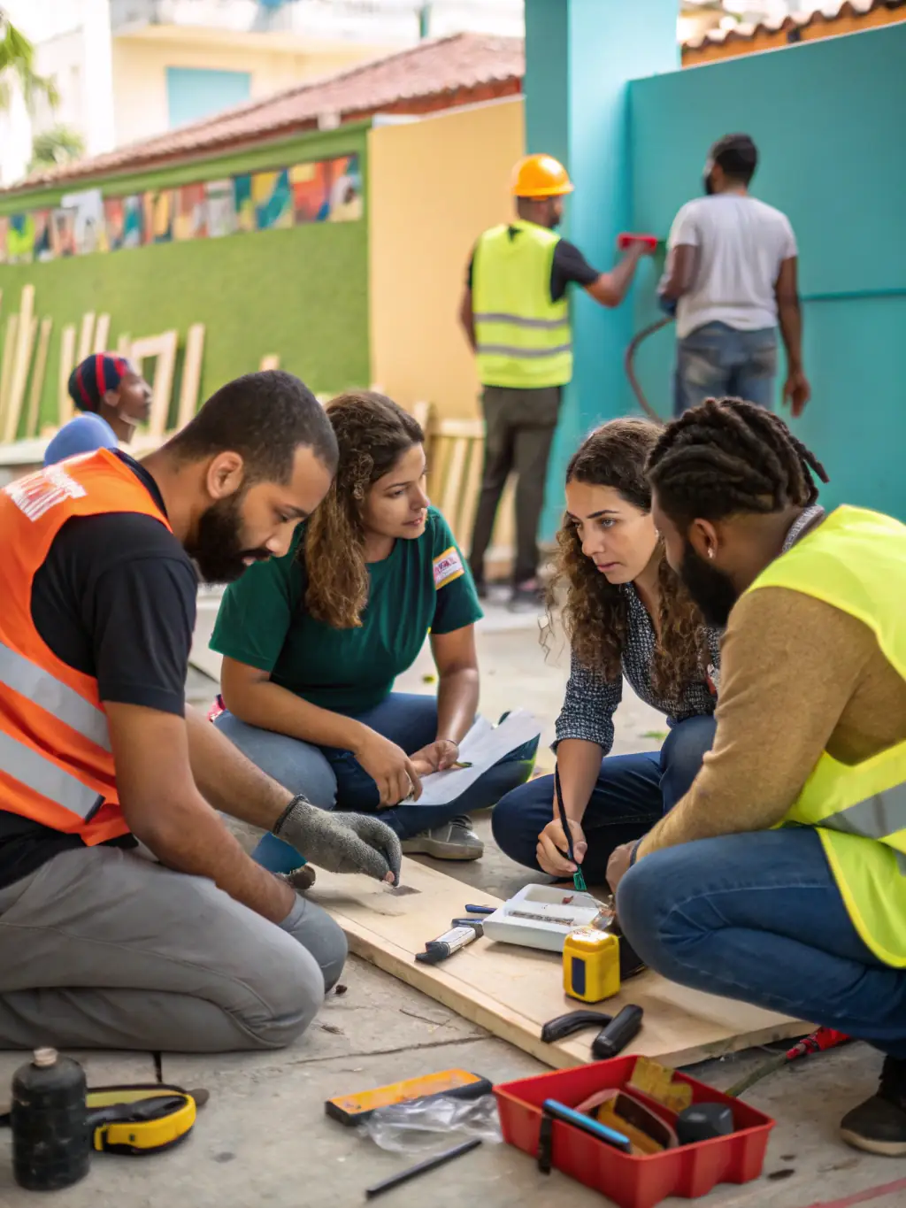 A photograph of a BERRY GOSPEL community outreach event, showing volunteers and participants working together on a cultural project, demonstrating the organization's dedication to social cohesion and community development.