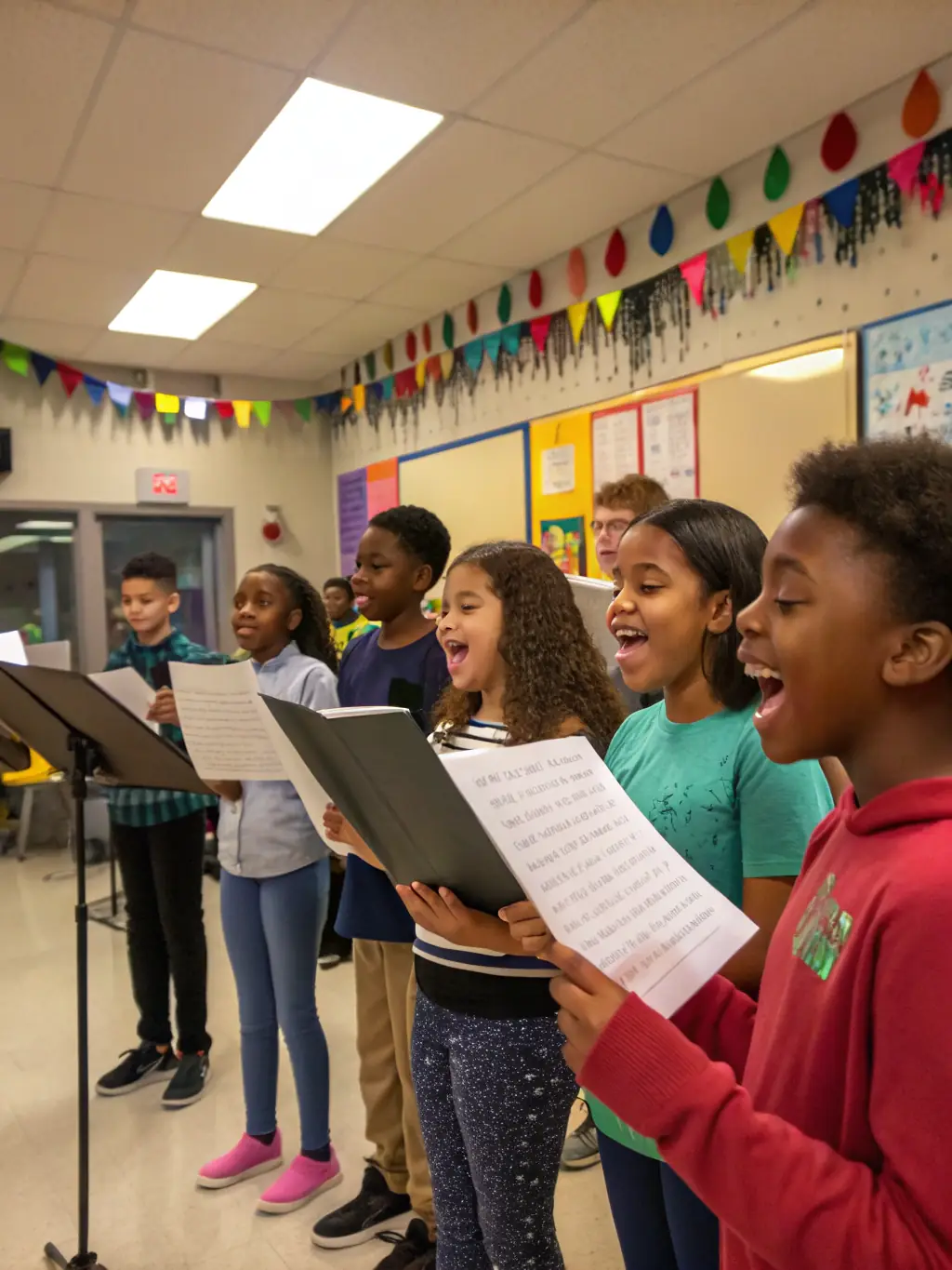 A group of children participating in a gospel singing workshop, led by an instructor, in a brightly lit community center. The children are smiling and engaged, holding sheet music.