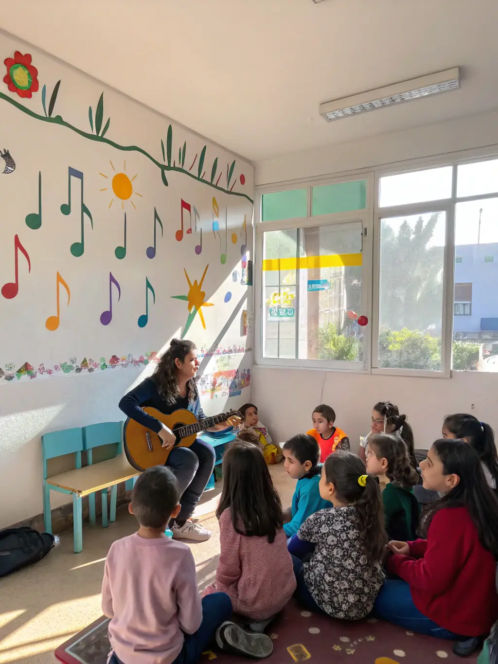 A group of children and adults participating in a blues music workshop, learning guitar techniques from an experienced instructor in a friendly setting.