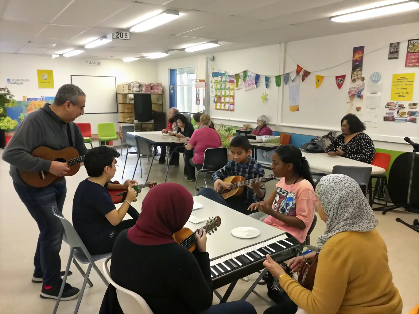 A group of participants actively engaged in a gospel music workshop, learning vocal techniques and harmonies from an experienced instructor.