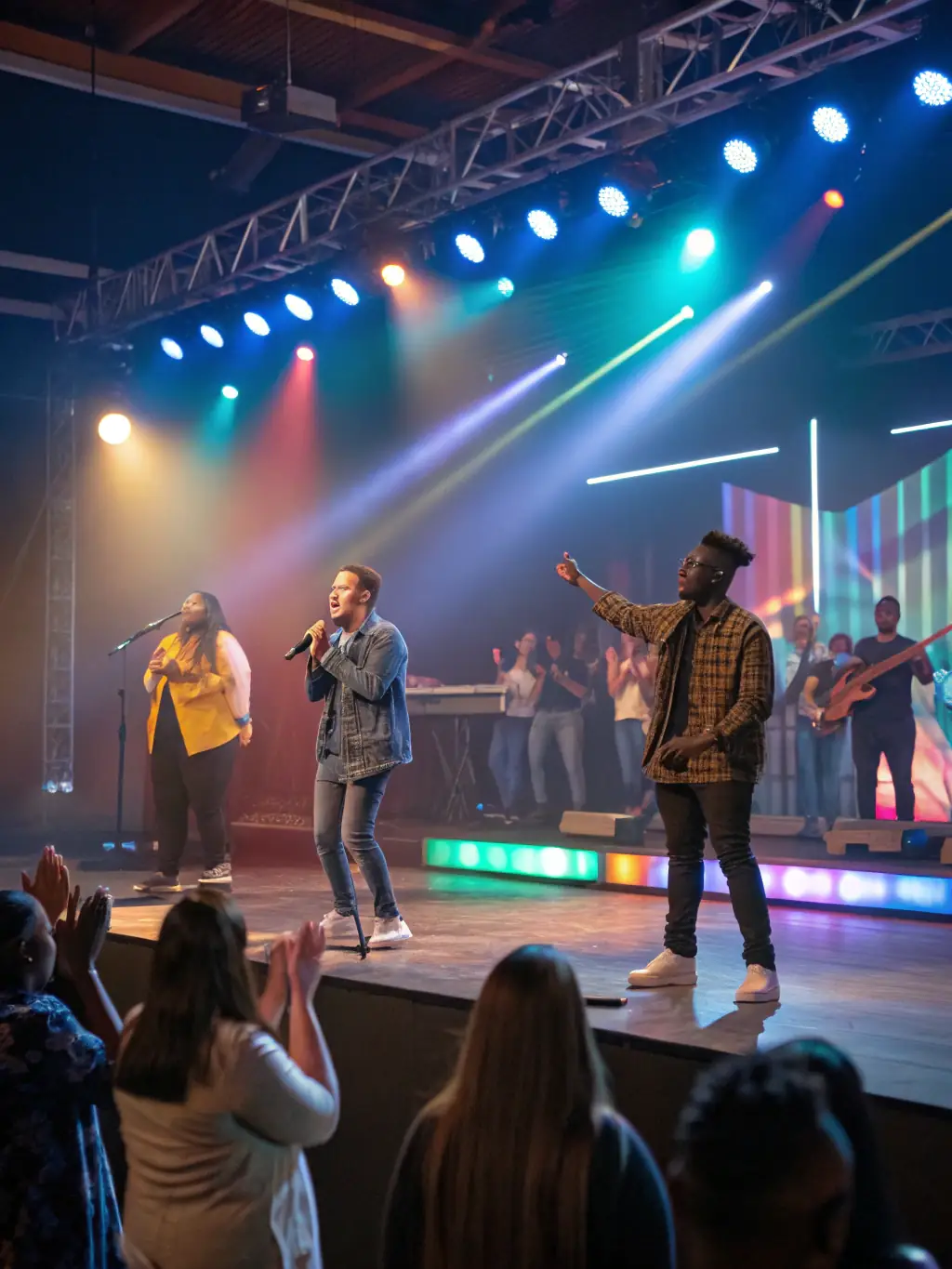 A vibrant photograph capturing the energy of a BERRY GOSPEL gospel concert, with singers in robes and a lively band performing on stage, showcasing the joy and community spirit of the event.